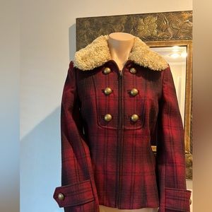 Elevenses Anthropologie Red Plaid Coat - Petite 0